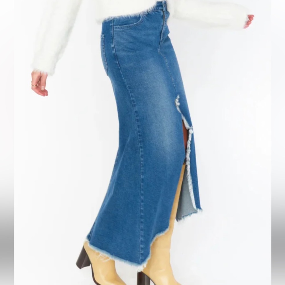 Show Me Your Mumu Reba Denim Maxi Skirt with Frayed Front Slit